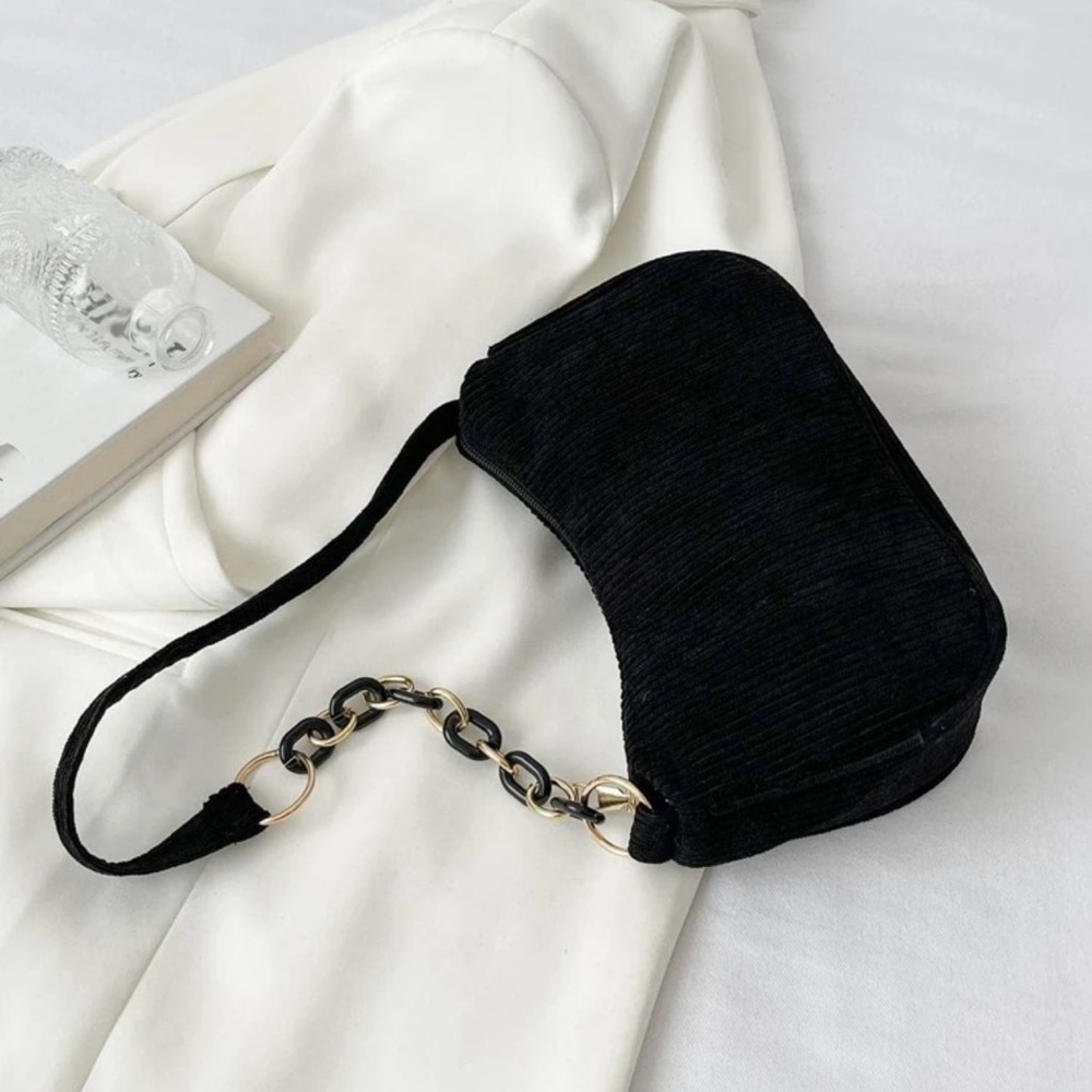 Black Corduroy Velvet Shoulder Bag withChain Strap Detail + Gold Hardware NWOT - Picture 3 of 8